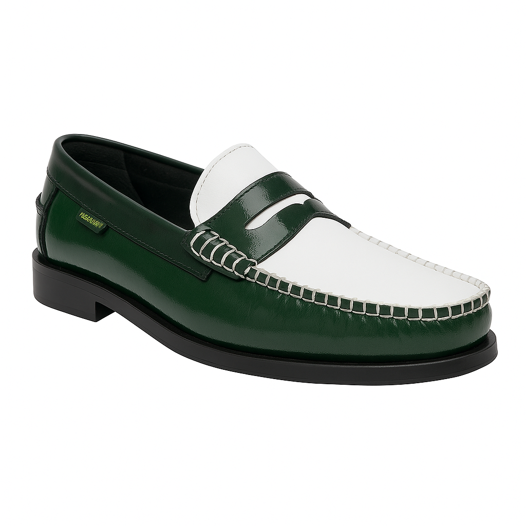 Dakotas Presley Hi-Shine Moc – Green/White | Genuine Leather Penny Loafer