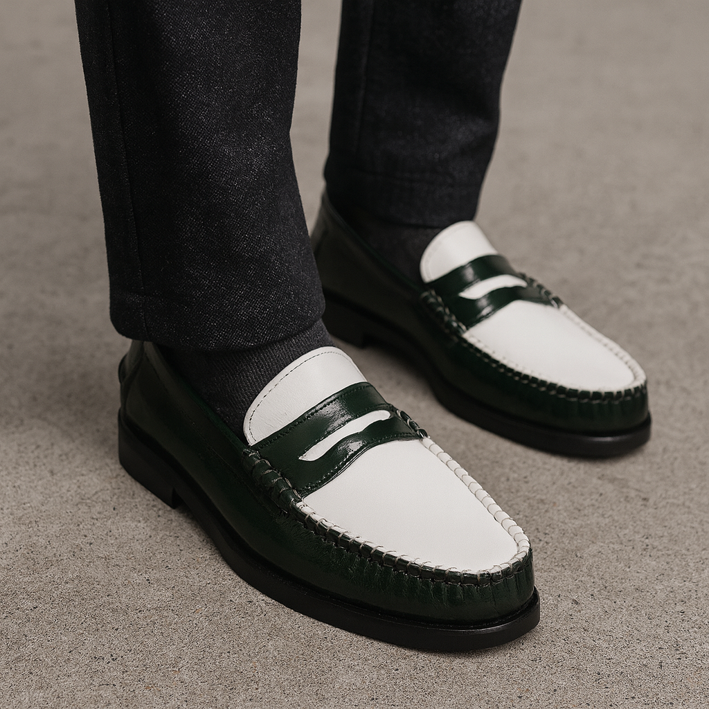 Dakotas Presley Hi-Shine Moc – Green/White | Genuine Leather Penny Loafer - Image 2