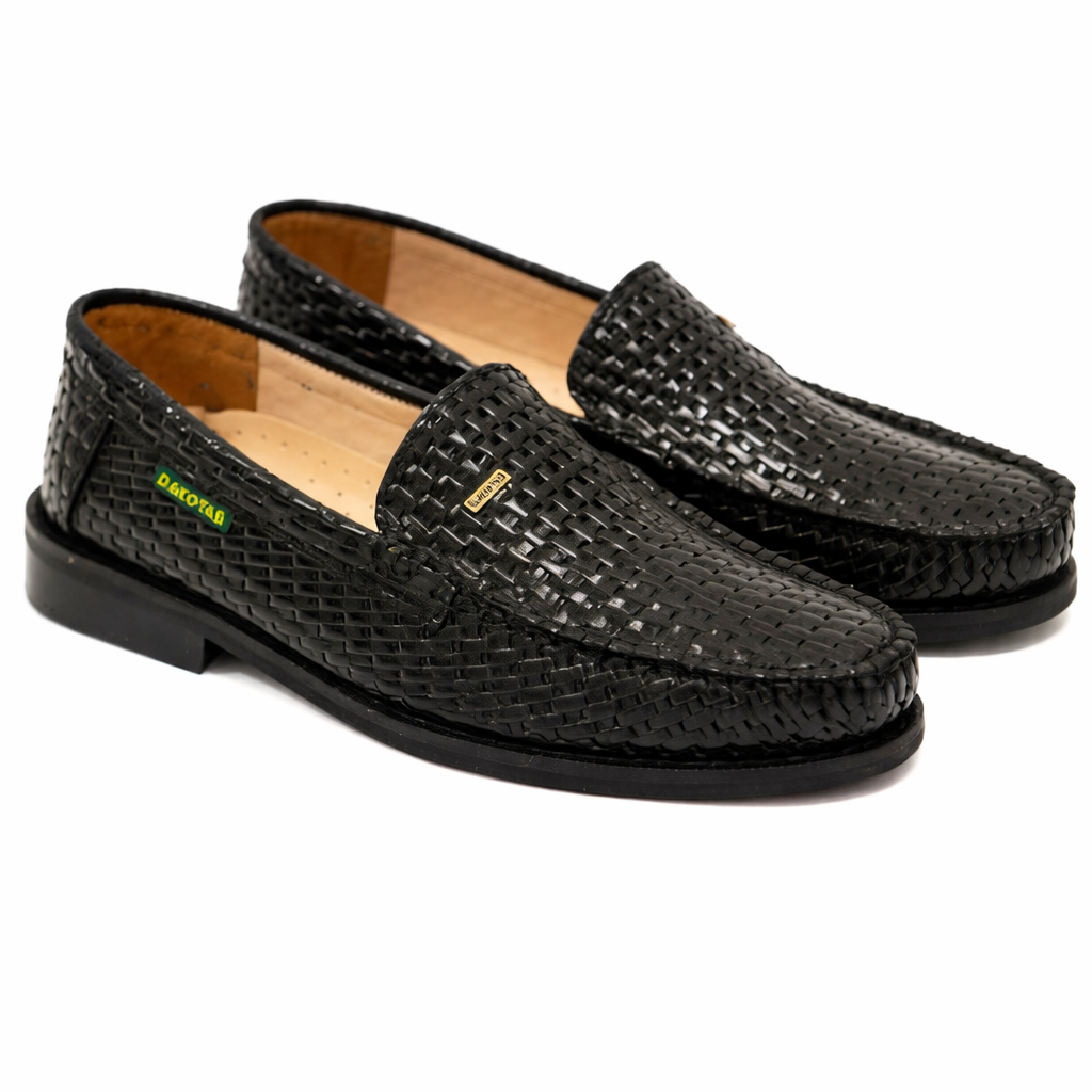 Dakotas Vaden Hi-Shine Weave Moc – Black Genuine Leather Slip-On