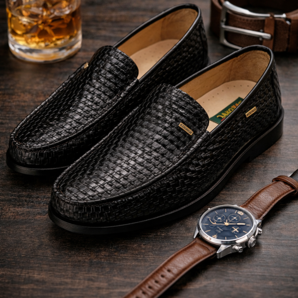 Dakotas Vaden Hi-Shine Weave Moc – Black Genuine Leather Slip-On - Image 3