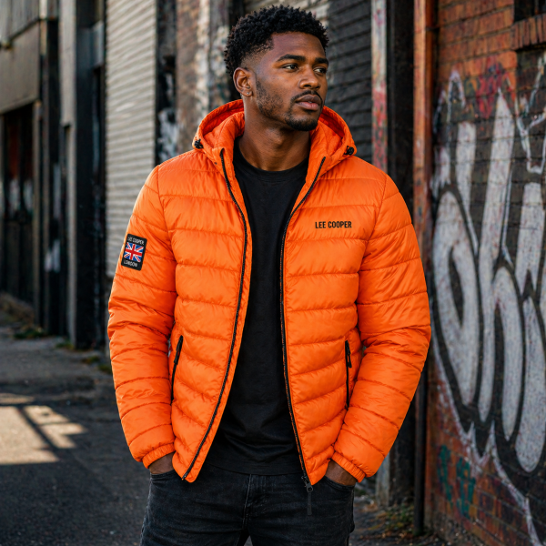 Alternative view of Lee Cooper Men’s Orange Puffer Jacket – Hooded Winter Essential