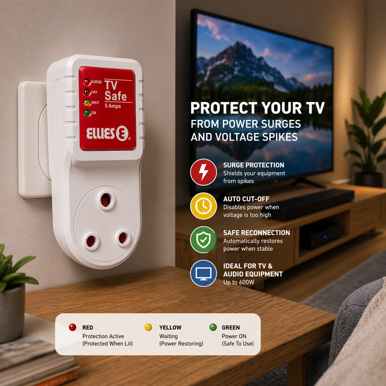 Ellies TV Safe Voltage Protection Adapter – Surge & Over Voltage Protector (Up to 600W) - Image 2