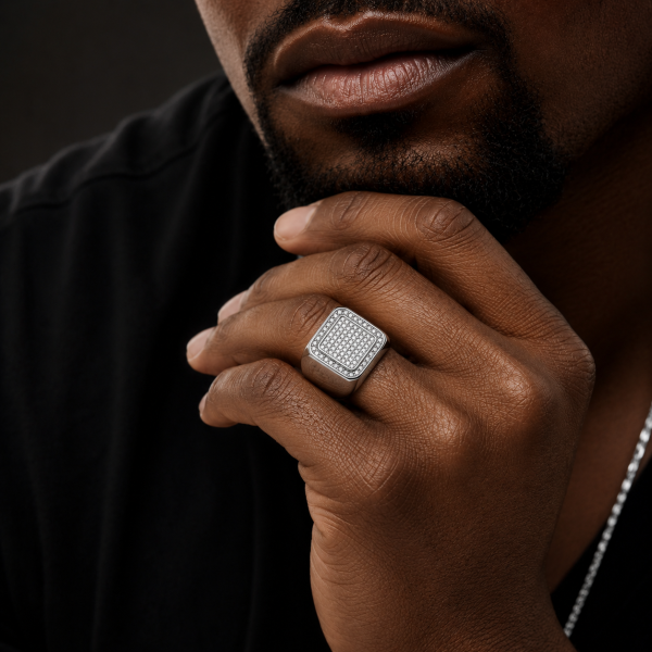 Alternative view of Borelli Silver Stainless Steel CZ Stone Square Signet Ring