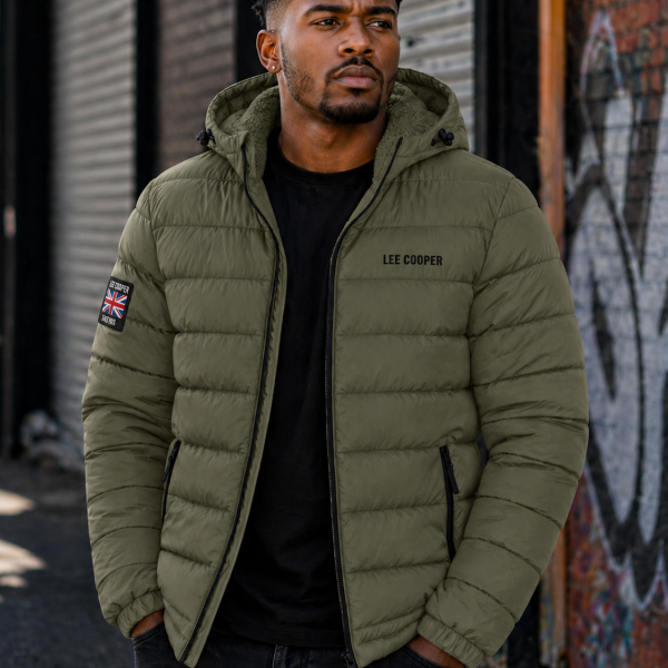 Alternative view of Lee Cooper Men’s Olive Puffer Jacket – Hooded Winter Essential