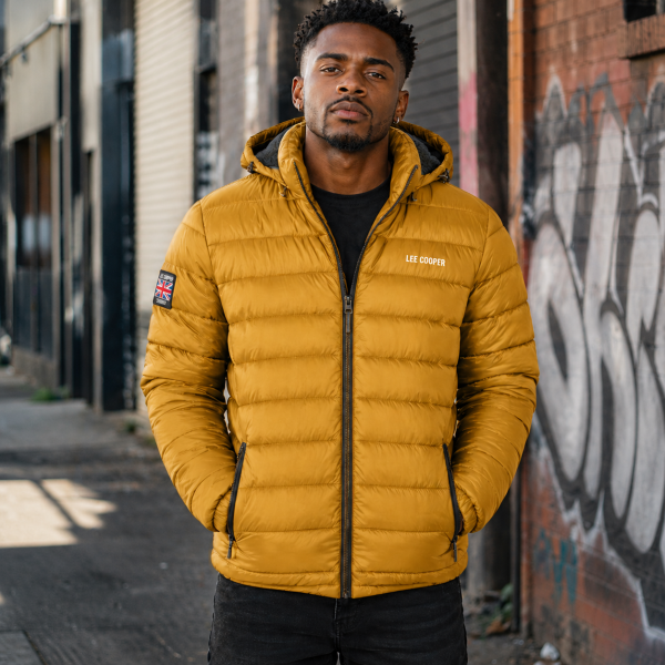Alternative view of Lee Cooper Men’s Mustard Puffer Jacket – Hooded Winter Essential