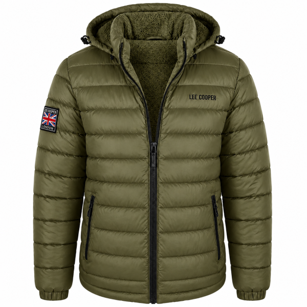 Lee Cooper Men’s Olive Puffer Jacket – Hooded Winter Essential