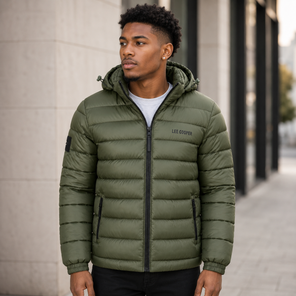 Alternative view of Lee Cooper Men’s Olive Puffer Jacket – Hooded Winter Essential