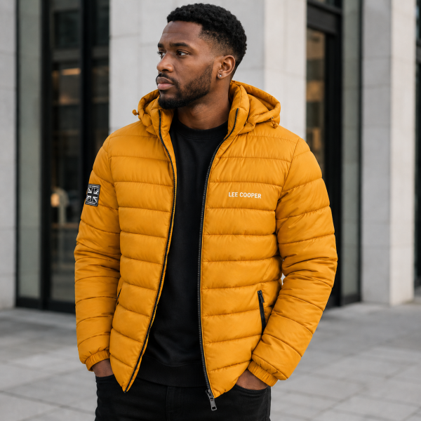 Lee Cooper Men’s Mustard Puffer Jacket – Hooded Winter Essential