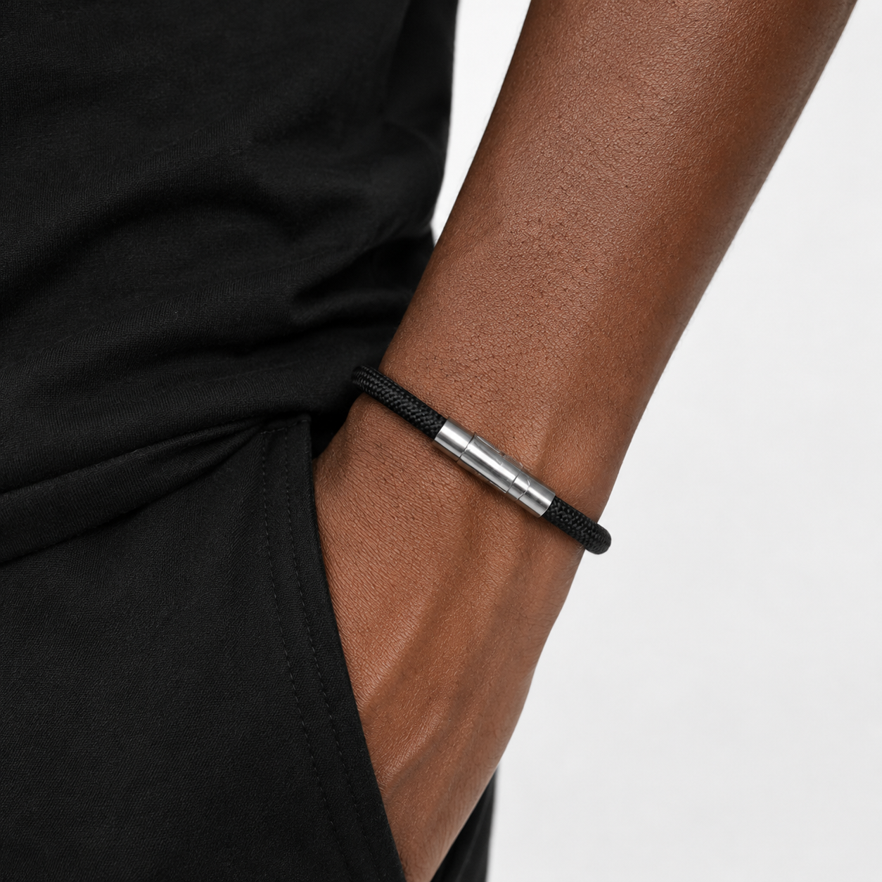 Borelli Silver Stainless Steel Black Cord Clasp Bracelet - Image 2