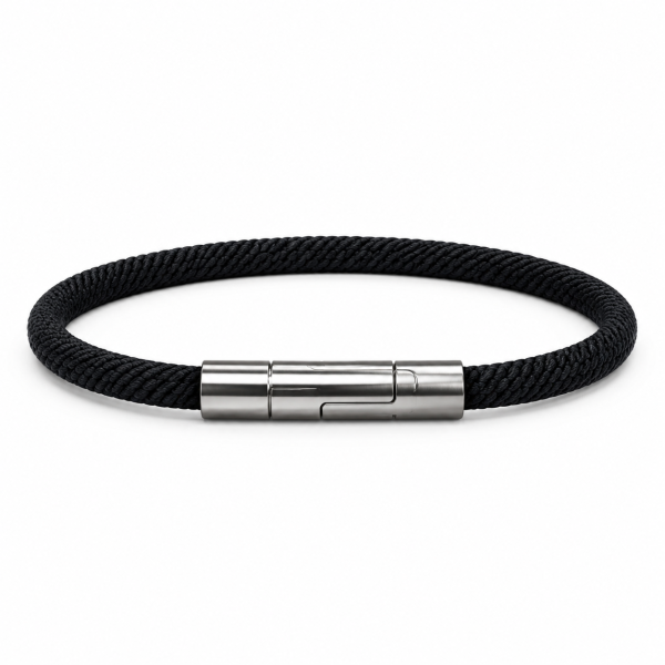 Borelli Silver Stainless Steel Black Cord Clasp Bracelet