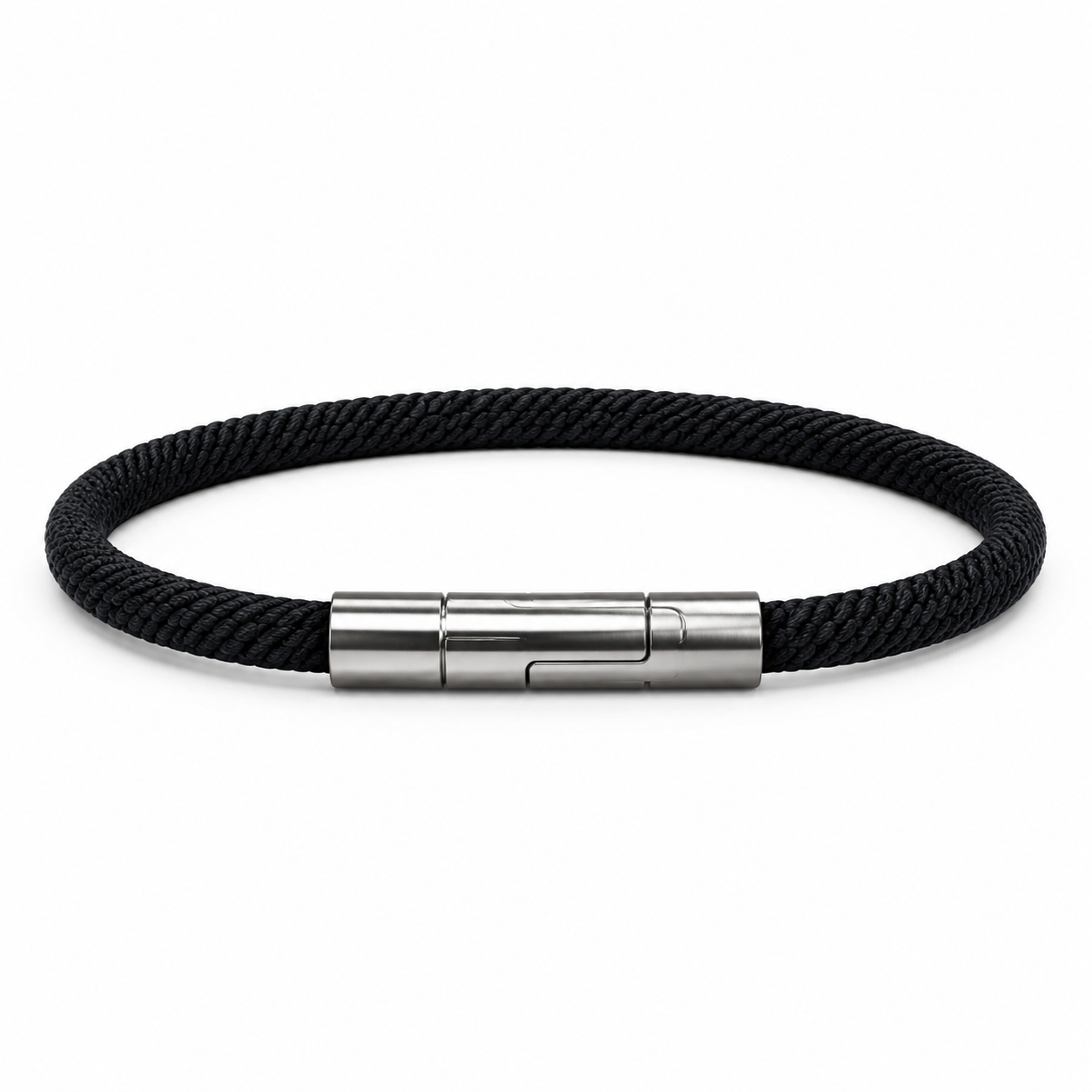Borelli Silver Stainless Steel Black Cord Clasp Bracelet