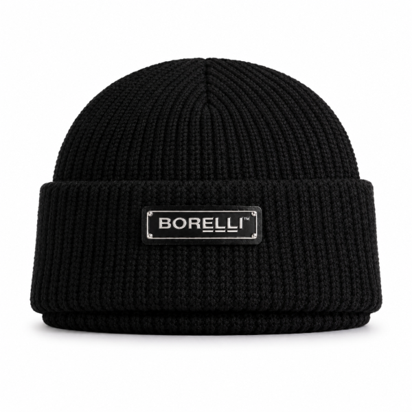 Borelli Gianluigi Black Ribbed Knit Beanie – Fleece-Lined Winter Beanie