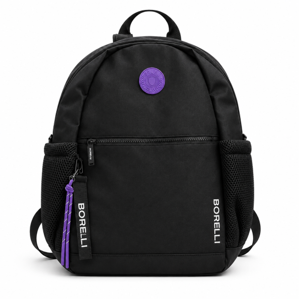 Borelli Tobia Black Backpack – Premium Utility Backpack with Purple Crest Logo