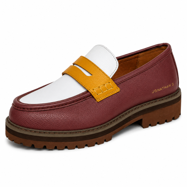 Jonathan D C29 Burgundy, White & Mustard Pebble Moc Loafer – Chunky Sole Smart Casual Shoe