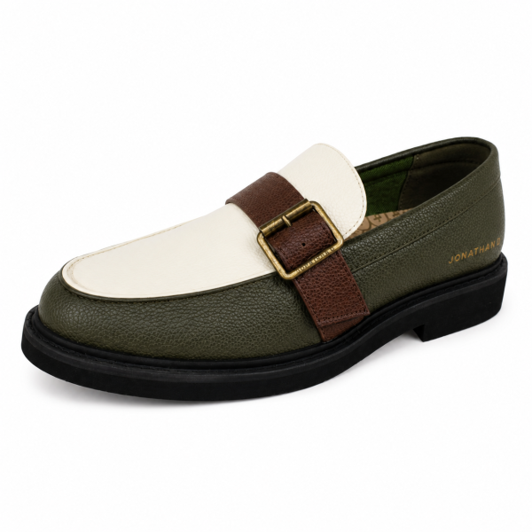 Jonathan D C69 Men’s Olive, Cream & Brown Buckle Loafer – Smart Casual Slip-On Shoe