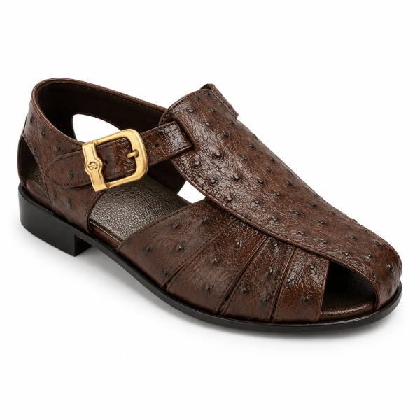 Crockett & Jones Brown Ostrich-Textured Leather Closed-Toe Sandal