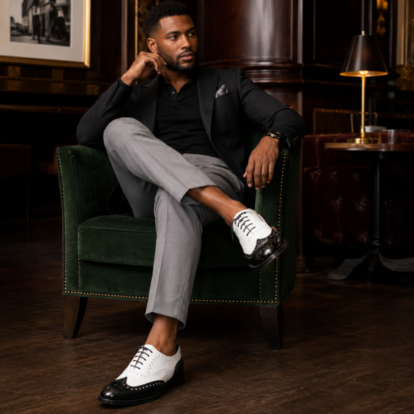 Alternative view of Crockett & Jones Damian Black & White Two-Tone Brogue Shoes – 62.C16692M
