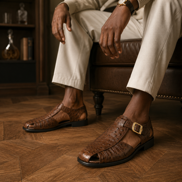 Alternative view of Crockett & Jones Brown Ostrich-Textured Leather Closed-Toe Sandal