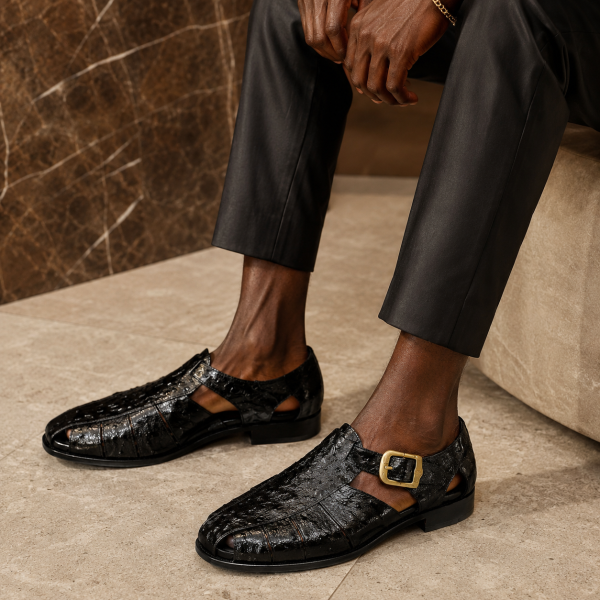 Alternative view of Crockett & Jones Black Textured Leather Closed-Toe Sandal