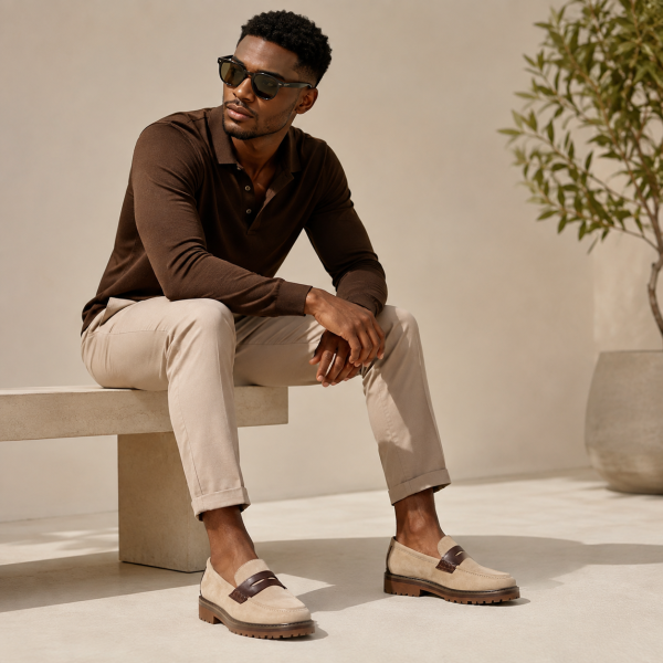 Alternative view of Jonathan D Men’s Two-Tone Suede Penny Loafer – Stone & Brown