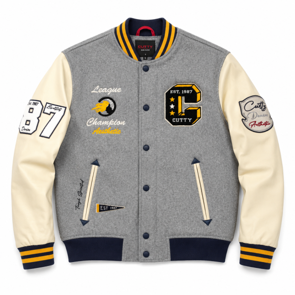 Cutty C Mighty Champion Varsity Jacket – Grey & Cream - Image 2