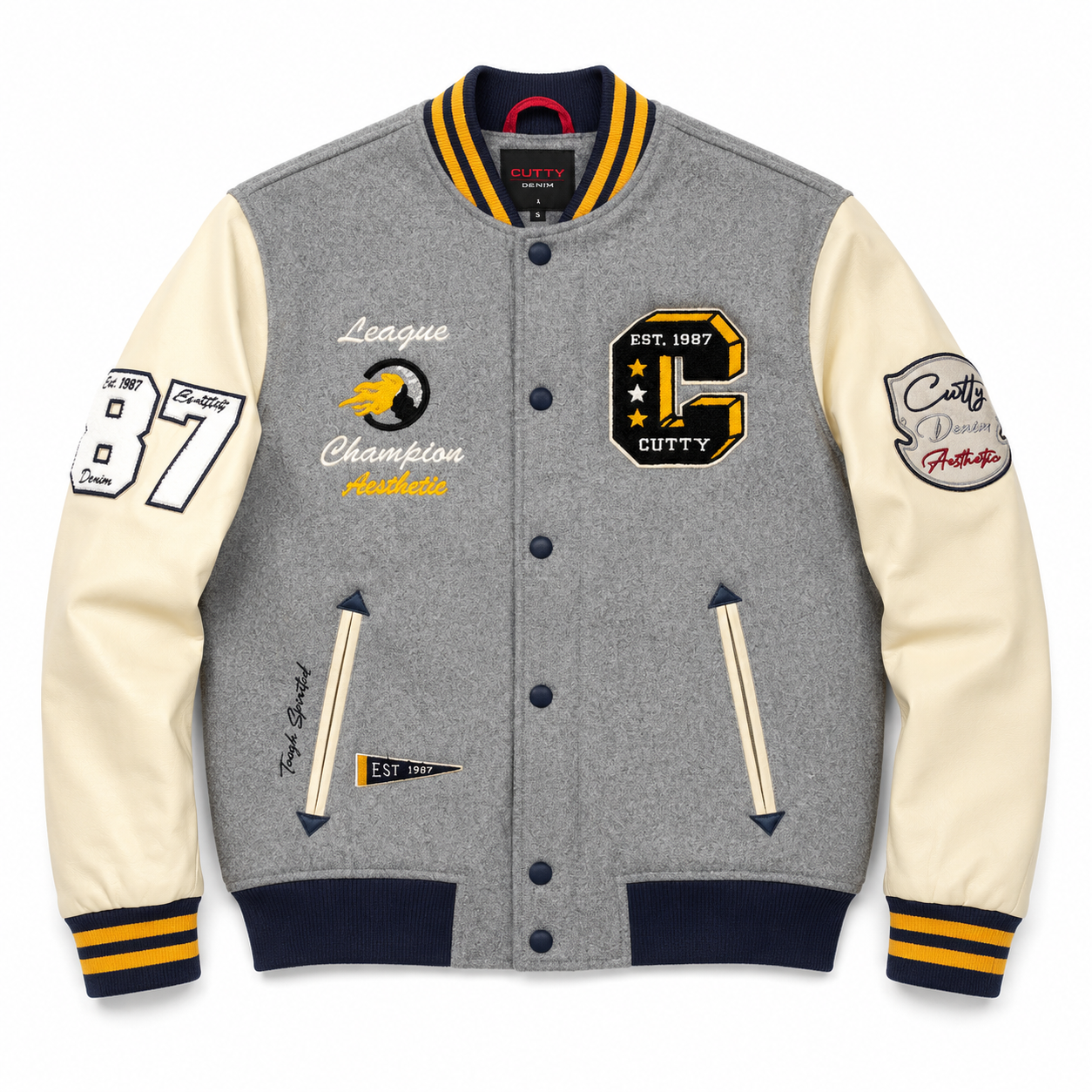 Cutty C Mighty Champion Varsity Jacket – Grey & Cream - Image 2