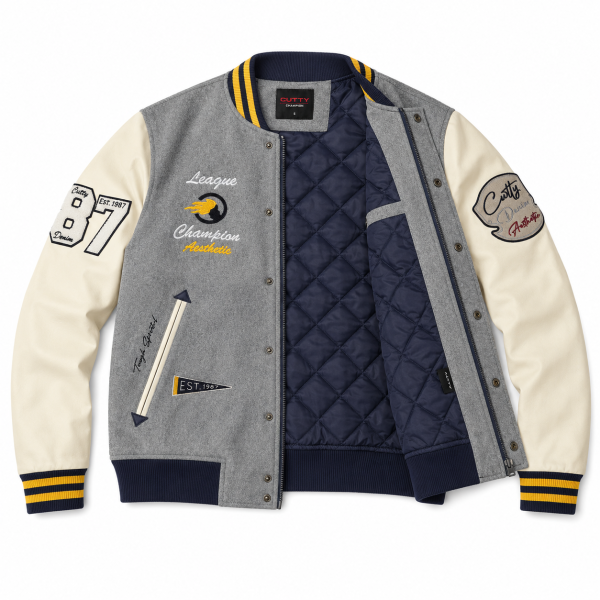 Cutty C Mighty Champion Varsity Jacket – Grey & Cream - Image 3