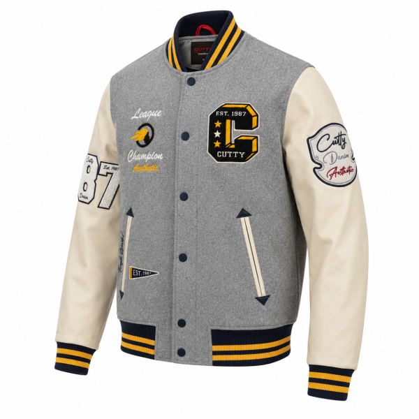 Cutty C Mighty Champion Varsity Jacket – Grey & Cream - Image 4