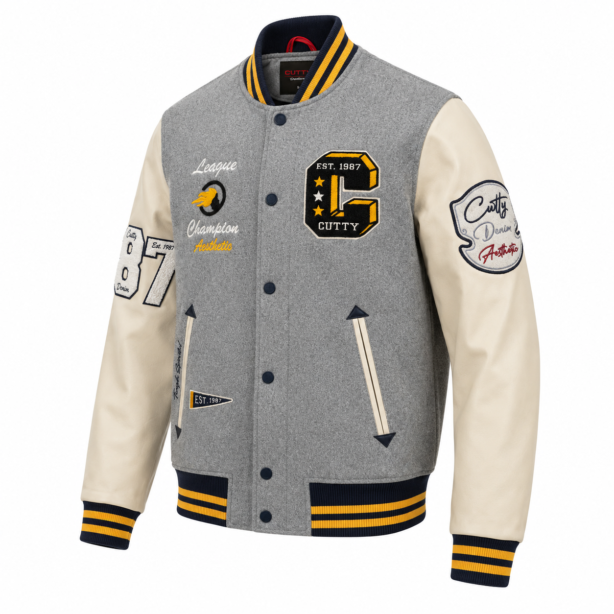 Cutty C Mighty Champion Varsity Jacket – Grey & Cream - Image 4