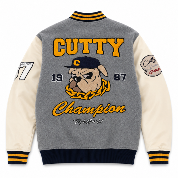 Cutty C Mighty Champion Varsity Jacket – Grey & Cream - Image 5