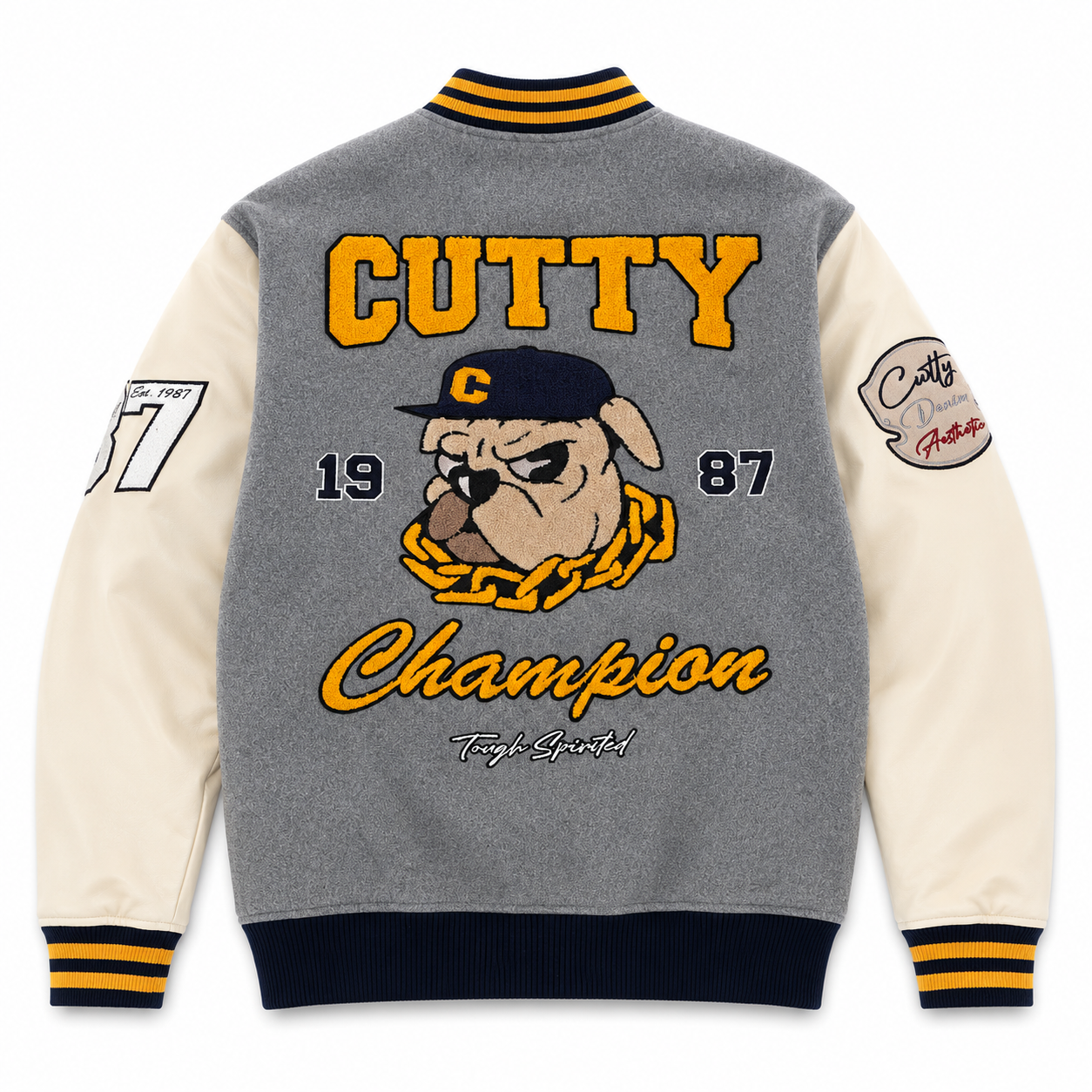 Cutty C Mighty Champion Varsity Jacket – Grey & Cream - Image 5