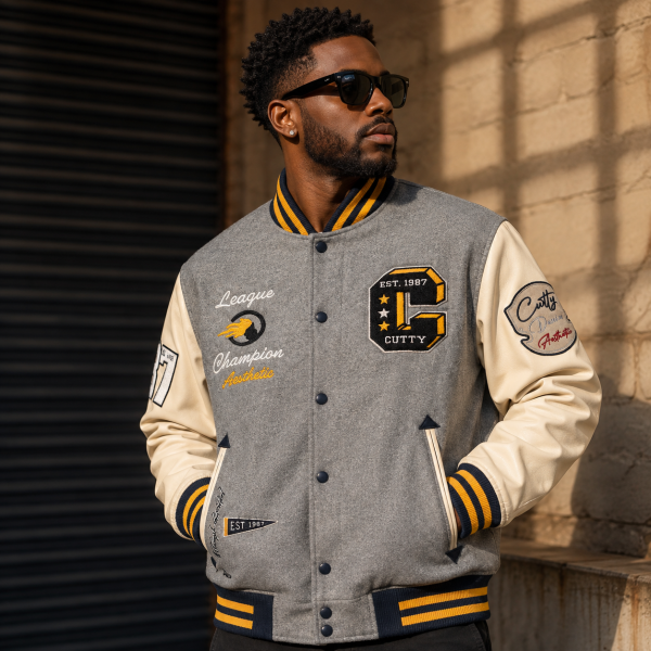 Cutty C Mighty Champion Varsity Jacket – Grey & Cream