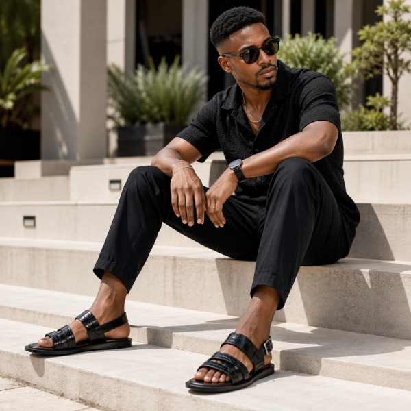 Alternative view of Dakotas L1044 Hi-Shine Sandal – Black | Men’s Leather-Style Casual Sandal