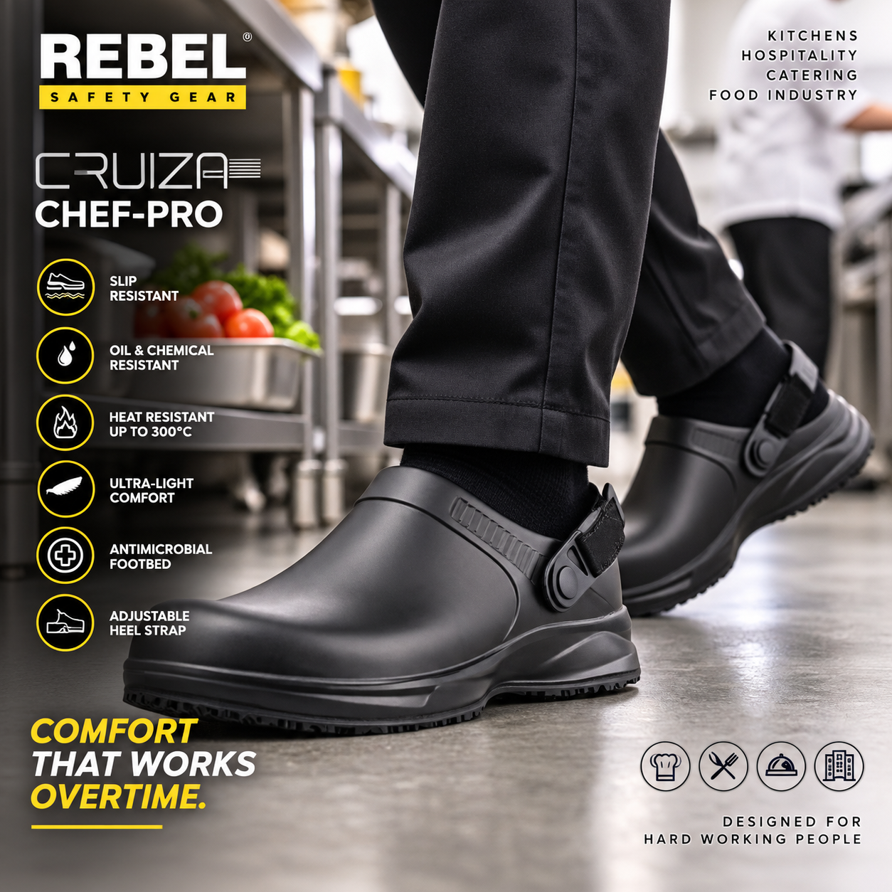 REBEL Cruiza Chef-Pro Slip-On Clog with Heel Strap Black – Professional Hospitality Work Shoe - Image 2