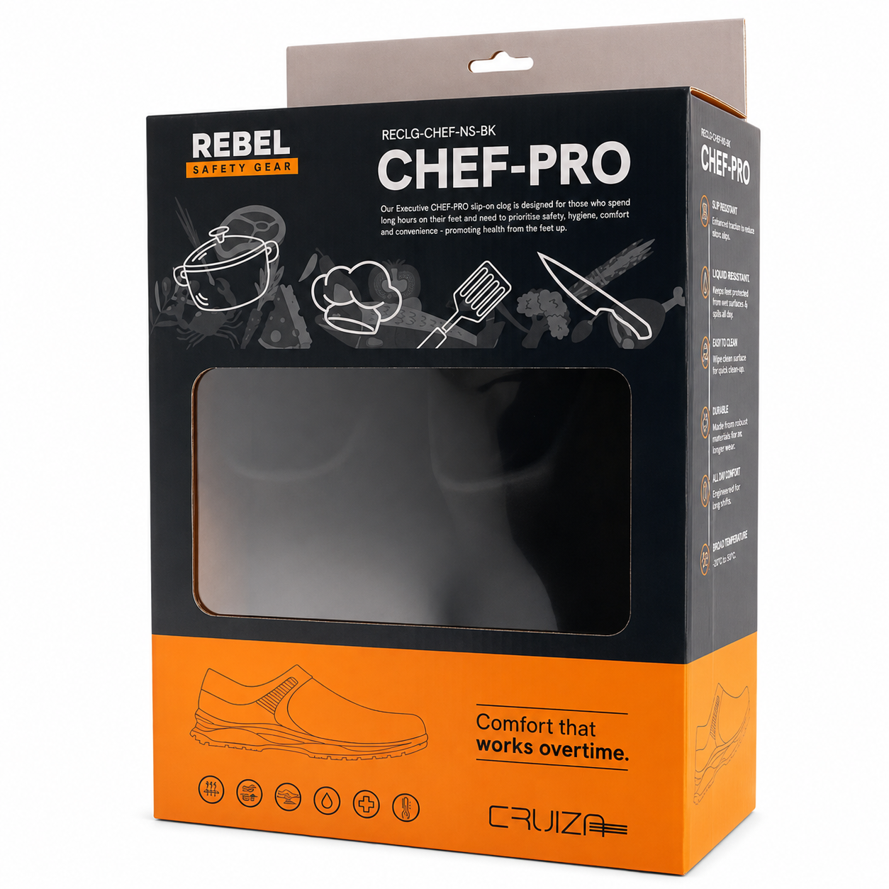 REBEL Cruiza Chef-Pro Slip-On Clog No Strap Black – Professional Kitchen & Hospitality Work Shoe - Image 4