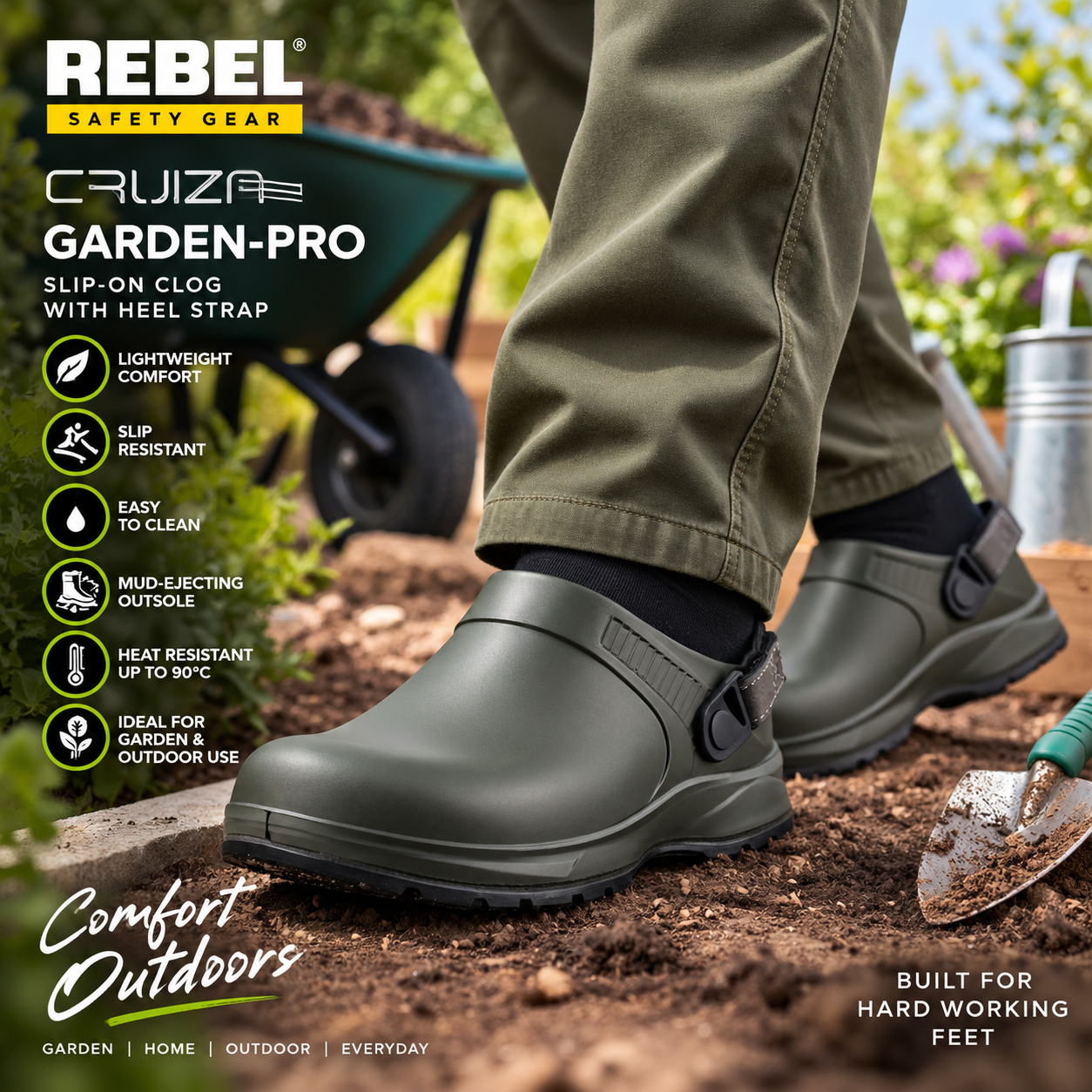 REBEL Cruiza Garden-Pro Slip-On Clog Dark Olive Green – Garden & Outdoor Work Shoe - Image 2