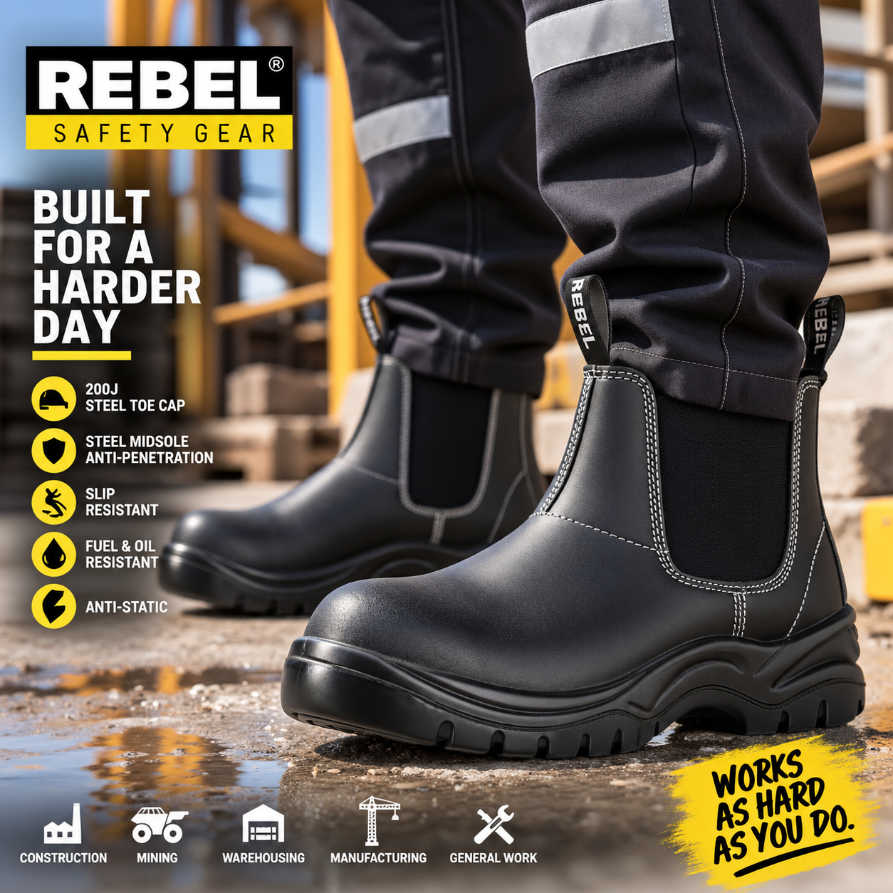 REBEL FX2 Chelsea Safety Boot Black – S1P Steel Toe & Anti-Penetration Work Boot - Image 2