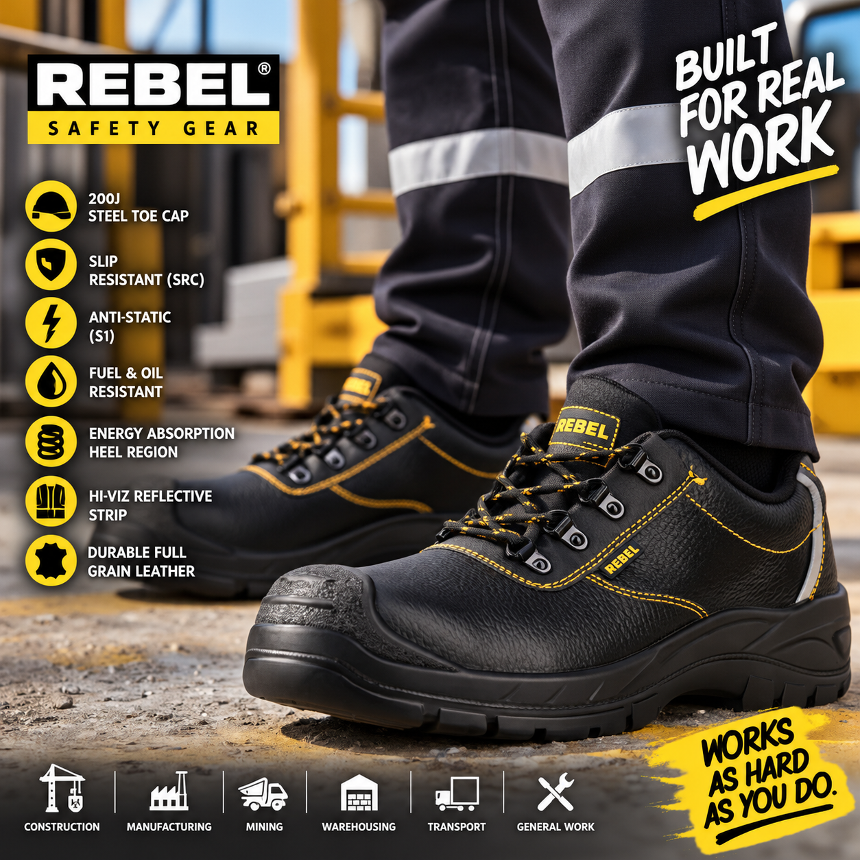 REBEL Chukka Safety Shoe Black – 200J Steel Toe Work Shoe - Image 2