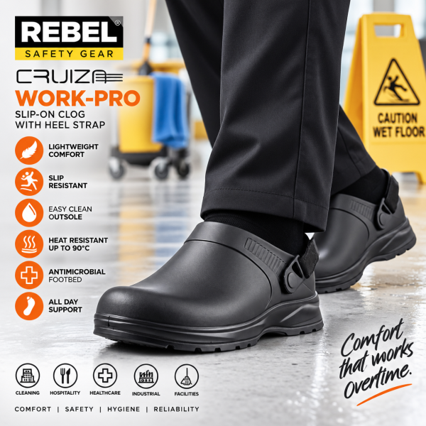 Alternative view of REBEL Cruiza Work-Pro Slip-On Clog Black – Professional Janitorial & Work Shoe