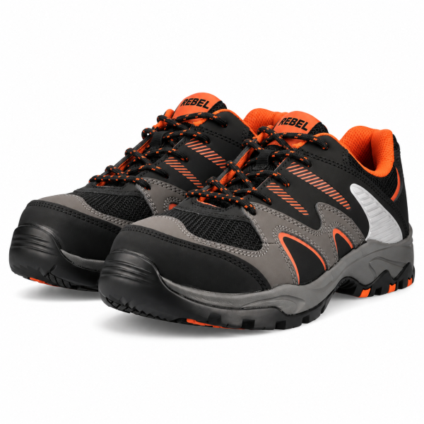 REBEL Enduro-Max Safety Shoe Black/Grey/Orange – 200J Steel Toe ESD Work Shoe