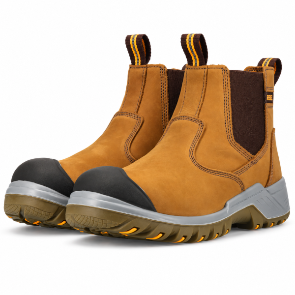REBEL Crazy Horse Chelsea Safety Boot Tan – 200J Steel Toe S1P Work Boot