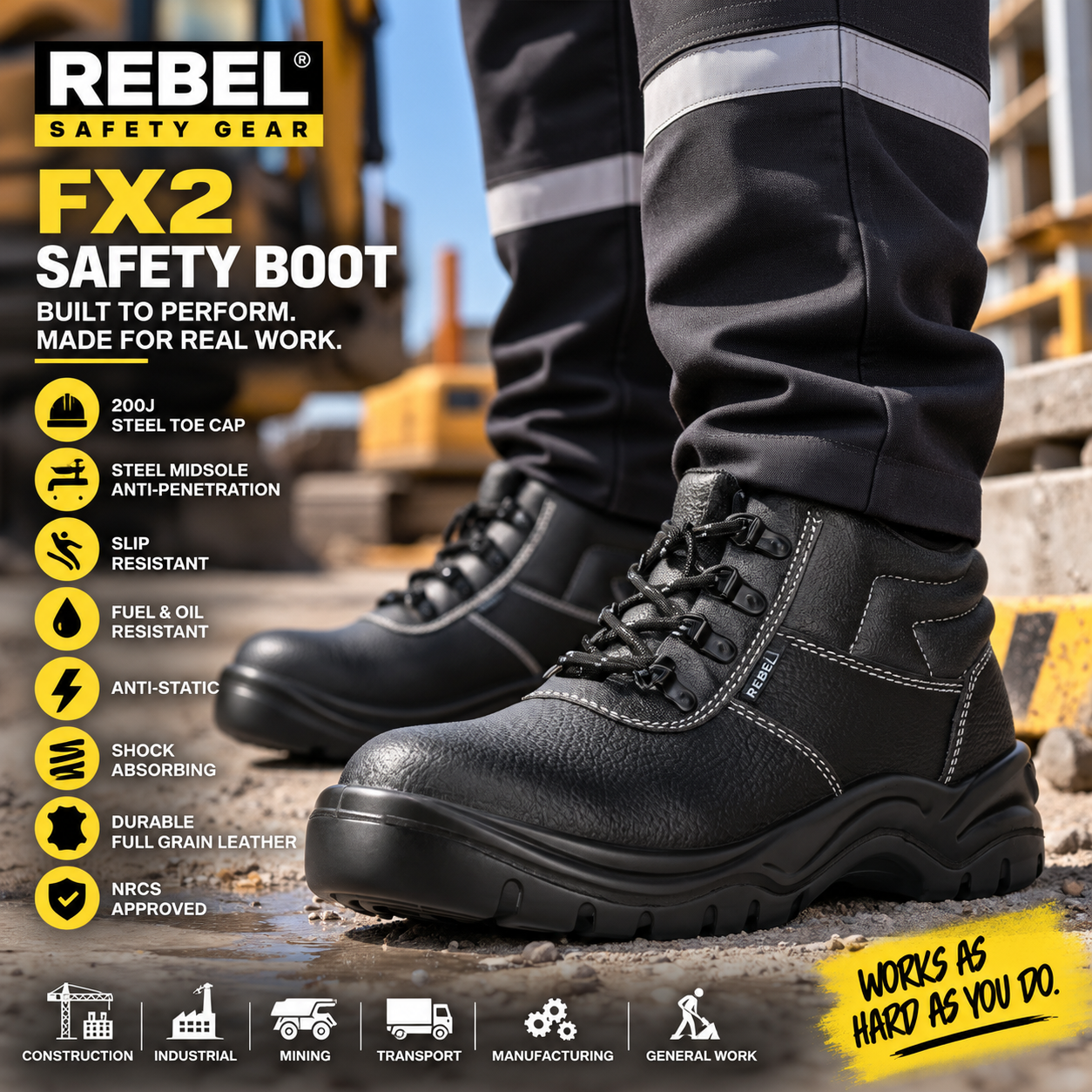 REBEL FX2 S1P Safety Boot Black – Steel Toe & Anti-Penetration Work Boot - Image 2