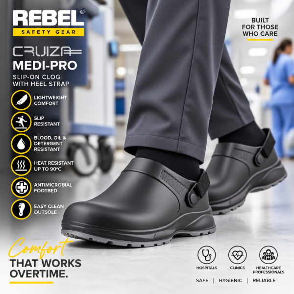 Alternative view of REBEL Cruiza Medi-Pro Slip-On Clog Black & Grey – Professional Healthcare Work Shoe