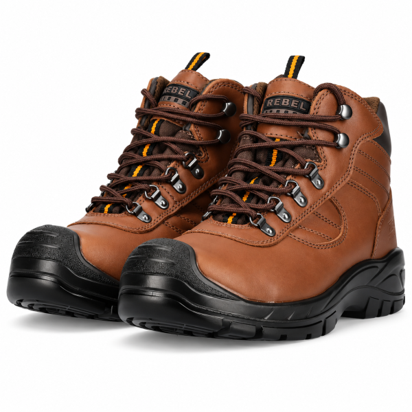 REBEL Hiker Hi Safety Boot Brown – 200J Steel Toe Full Grain Leather Work Boot