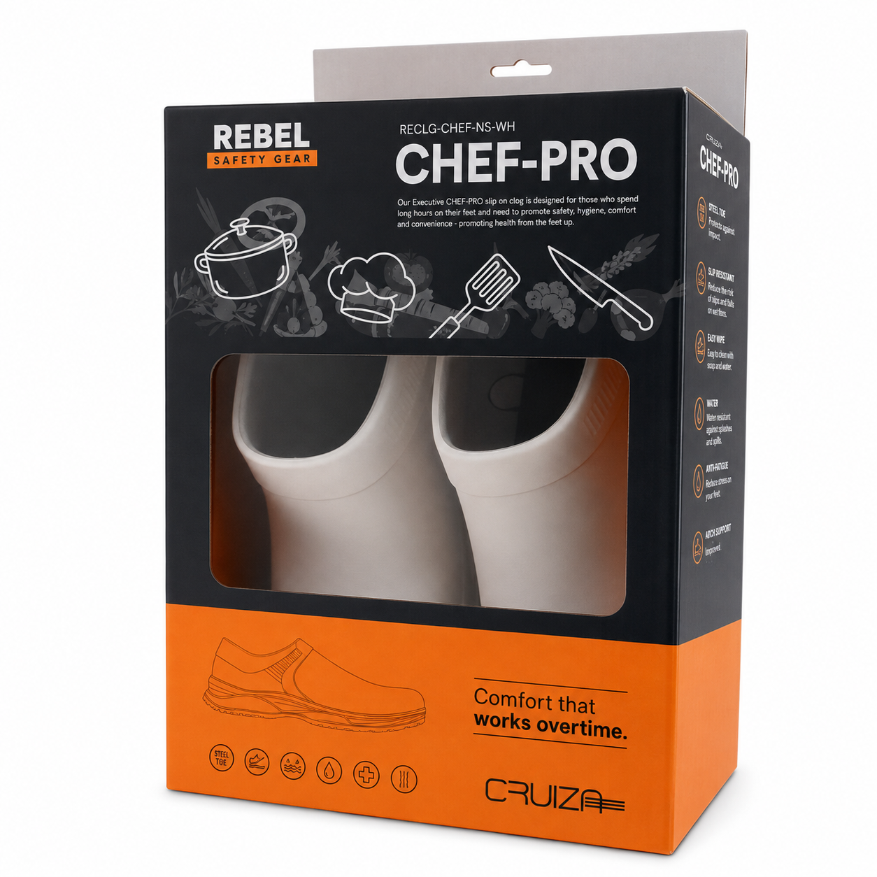 REBEL Cruiza Chef-Pro Slip-On Clog No Strap White & Black – Professional Hospitality Work Shoe - Image 8