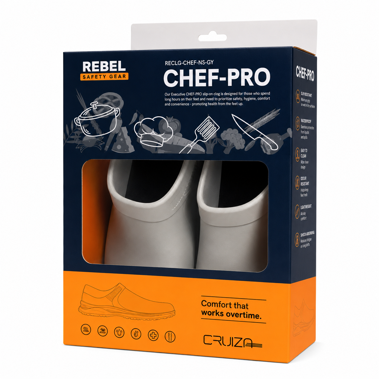 REBEL Cruiza Chef-Pro Slip-On Clog No Strap Grey & Blue – Professional Hospitality Work Shoe - Image 5