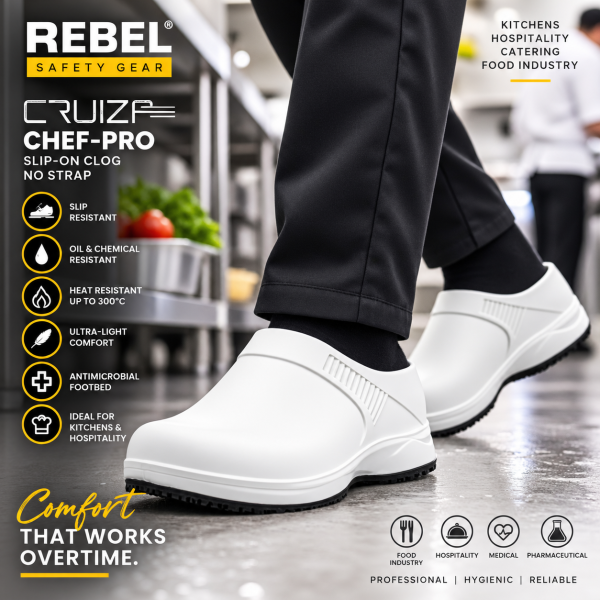 Alternative view of REBEL Cruiza Chef-Pro Slip-On Clog No Strap White & Black – Professional Hospitality Work Shoe