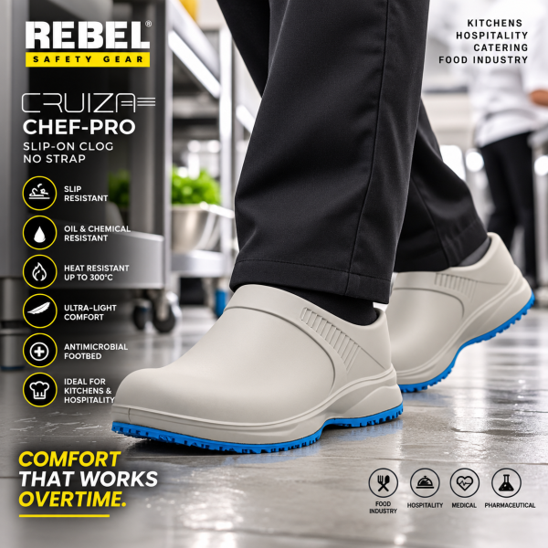 Alternative view of REBEL Cruiza Chef-Pro Slip-On Clog No Strap Grey & Blue – Professional Hospitality Work Shoe