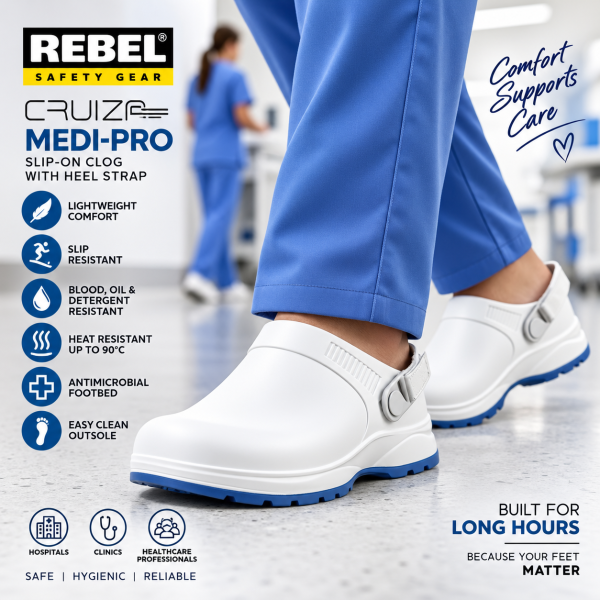 Alternative view of REBEL Cruiza Medi-Pro Slip-On Clog White & Blue – Professional Healthcare Work Shoe