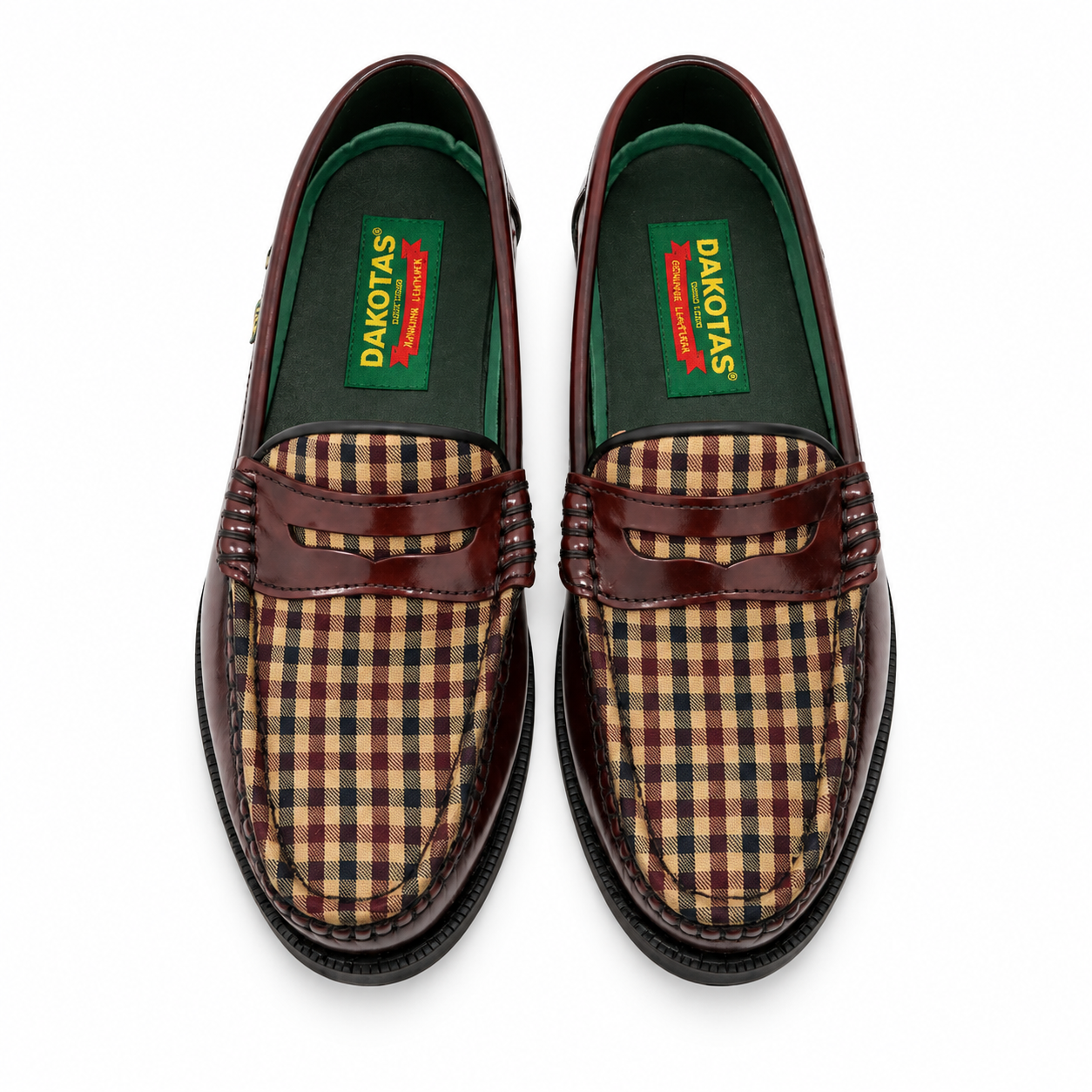 Dakotas Hugh Hi-Shine Moccasins – Burgundy Check Detail - Image 3